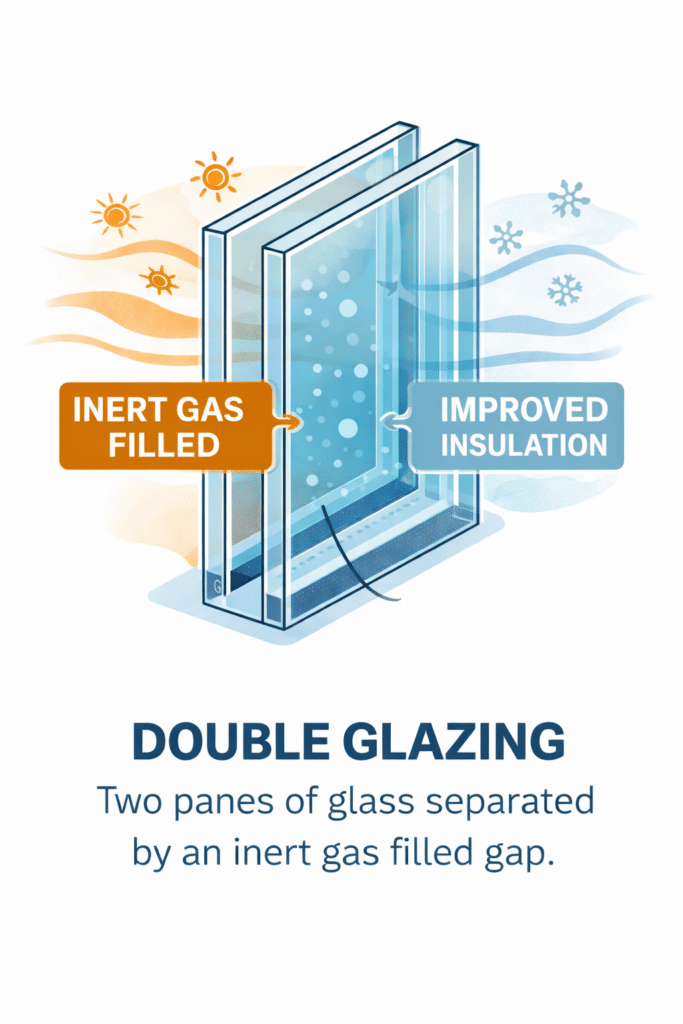 Double glazing diagram showing two glass panes with insulating gas gap