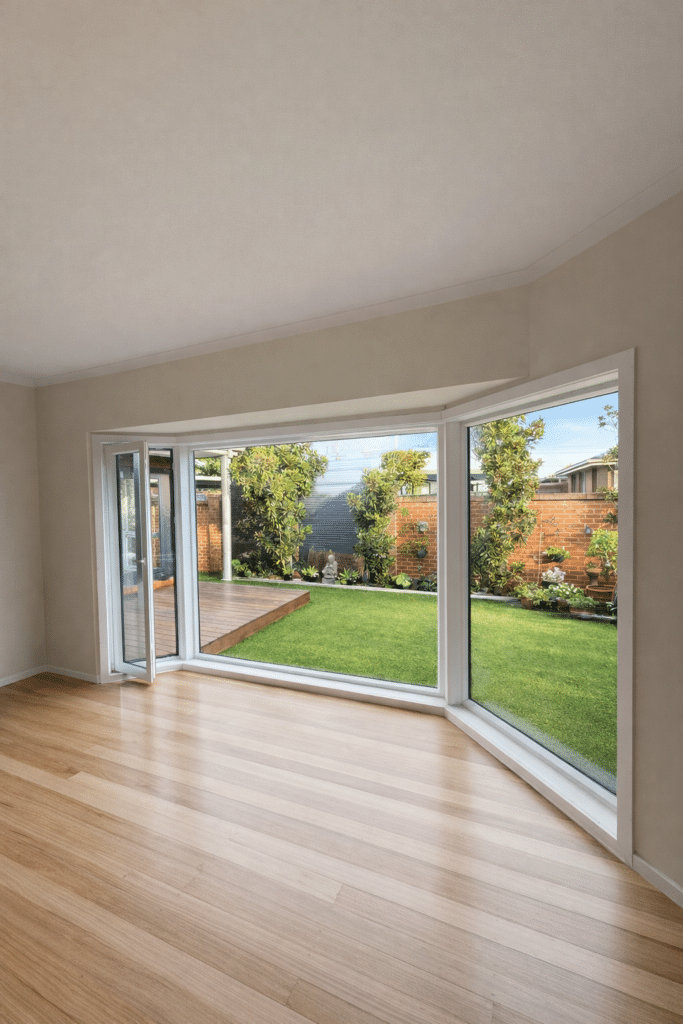 Windows Republic uPVC double glazed windows installed in Carnegie, Melbourne. Lounge opening to backyard for thermal insulation and noise reduction.